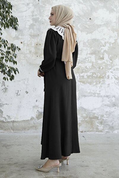 InStyle Bebe Yaka Beli Kuşaklı Elbise - Siyah