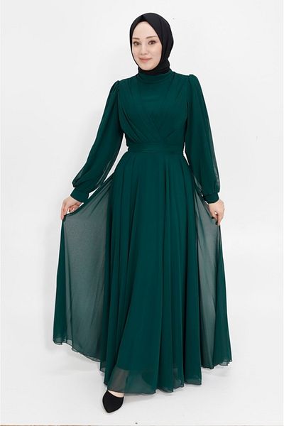 BYCOOLEST BUTİK Double-breasted Collar Chiffon Fabric Hijab Evening Dress