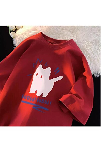 Toum تي شيرت Dompuleri Fashion Wow Cat مطبوع باللون الأحمر للجنسين