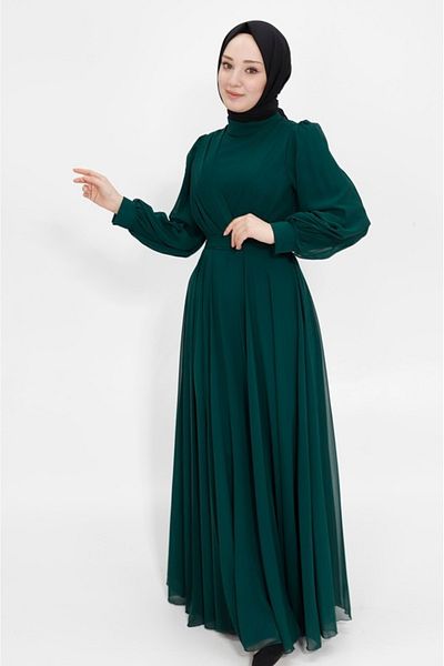BYCOOLEST BUTİK Double-breasted Collar Chiffon Fabric Hijab Evening Dress