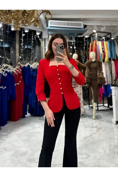 missswans Darina Kare Yaka Gold Düğmeli Ceket-Kırmızı