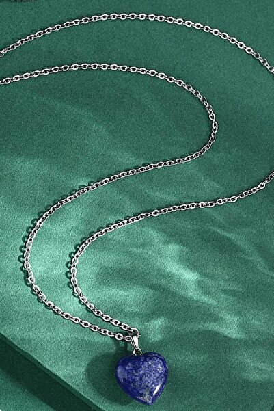 DOĞAL TAŞ CENNETİ Sertifikalı Gümüş Aparatlı Kalp Doğal Lapis Lazuli Taşı Kolye