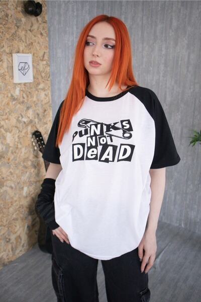 MARECASH White Unisex Black Sleeve Detail Punks Not Dead T-shirt
