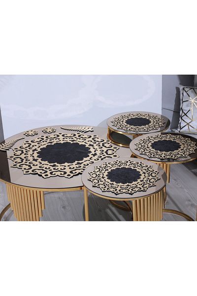 SEHARA Set huse masuta de cafea/1 aler Ortasehpa (60 cm)/3 bucati (33 cm) husa/ catifea neagra/ brodat auriu/4 bucati
