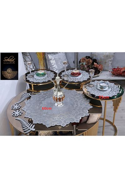 SEHARA Set huse masuta de cafea/1 aler Ortasehpa (60CM)/3 bucati (33CM) husa/catifea gri/brodat argintiu/4 bucati