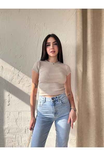 Fav Style Γυναικεία μπλούζα με κοντό μανίκι Camisole Crop Μπλούζα Μπεζ