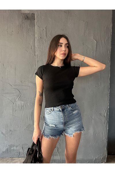 Fav Style Γυναικεία μπλούζα με λαιμόκοψη με κοντό μανίκι Camisole Crop Μαύρη