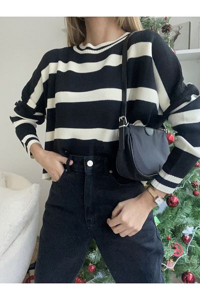 Jose Clothing Negru Bej dungi - Pulover de damă cu mânecă lungă cu textura moale