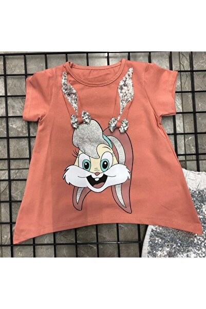 Mnk Rabbit Printed Girls Set with Sequined Shorts, Dusty Rose