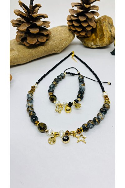 Porsuk Alternatif مجموعة أساور وقلادة نسائية مصنوعة يدويًا من الخرز الزجاجي