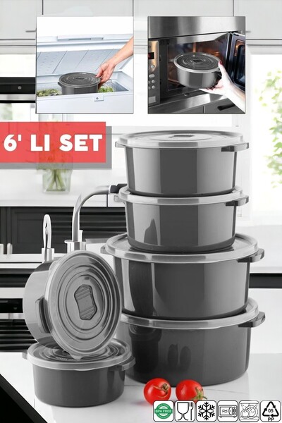 NY HOME Set of 6 Anthracite Round Storage Containers for Microwave and Freezer