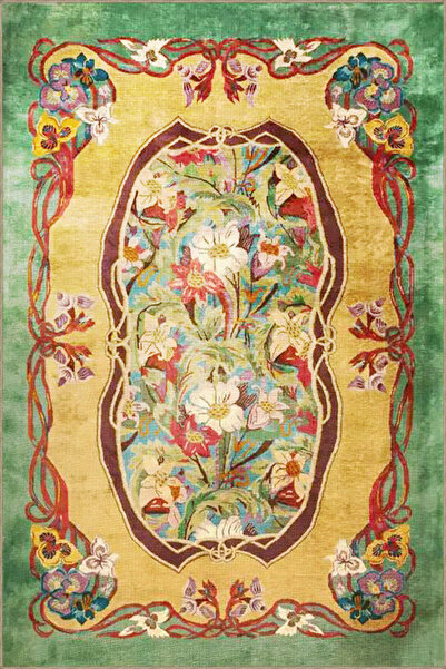 Rugs Modern Halı Зелено-жълт винтидж декоративен килим с флорални мотиви 3821
