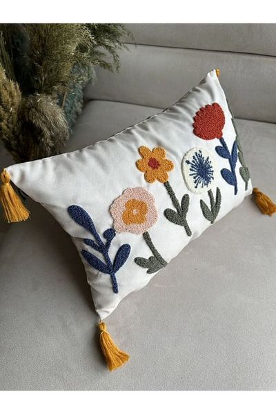 BUGİ HOME COLLECTİON SINGLE PUNCH EMBROIDERED FLOWERY FLOWERS PONCH EMBROIDERED DECORATIVE KIRLENT CASE 35X50