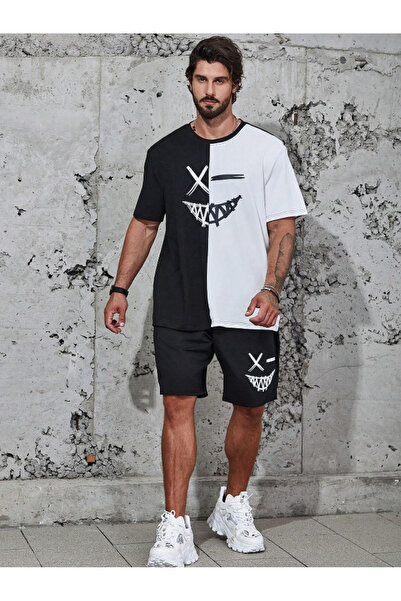 Revasser Unisex crno-bela dvobojna Štampano Oversize kroj Pamučni džersej T-s...