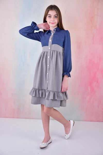 ÖFİ Kids Kız Sofia Keten Kumaş Düğmeli Kareli Sade Uzun Şık Rahat Elbise