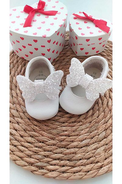 MİNİBİRİ Bella Model White Sequin Bow Baby Moccasin Booties Baby Shoes
