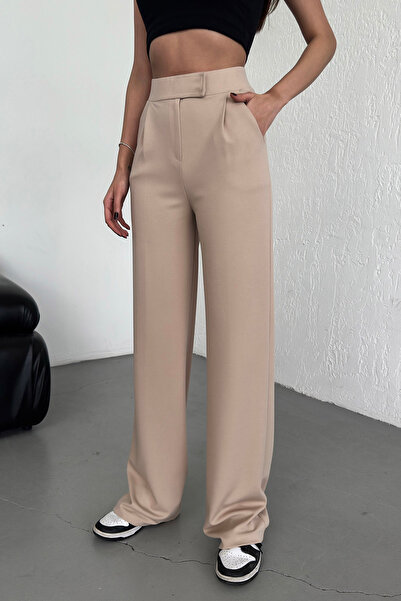 RuyaMood Μπεζ ψηλόμεσο Lycra γυναικείο παντελόνι Palazzo - Ευέλικτο κλείσιμο με velcro και πλισέ άνετη εφαρμογή