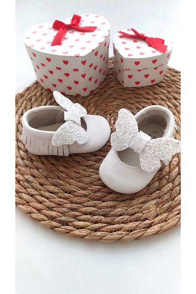 MİNİBİRİ Bella Model White Sequin Bow Baby Moccasin Booties Baby Shoes