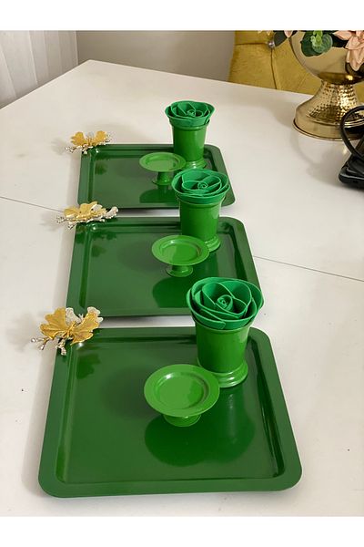 Elzem 3-PIECE GREEN SQUARE TRAY INCLUDING ROSE BUCKET AND MAKARONY ROSE
