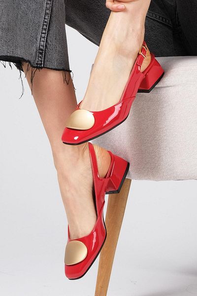 Mio Gusto Caroline Red Color Patent Leather Open Back Women's Short Heeled Shoes