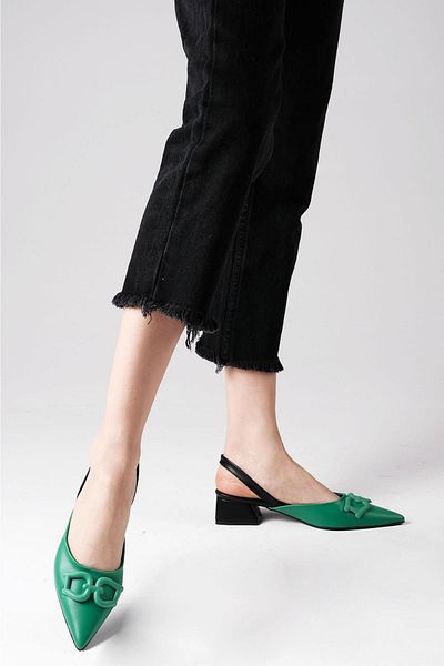 Mio Gusto Selina Green Color Open Back Buckle Accessory Short Heeled Women's Shoes