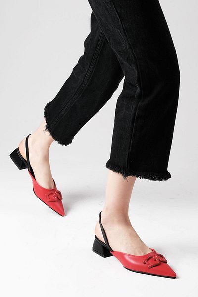 Mio Gusto Selina Red Color Open Back Buckle Accessory Short Heeled Women's Shoes