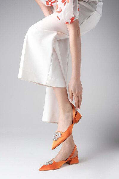 Mio Gusto Claudia Orange Color Crystal Stone Buckle Open Back Satin Fabric Women's Low Heel Shoes