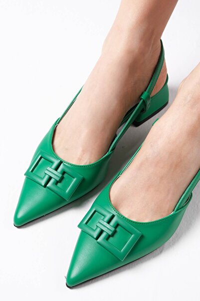 Mio Gusto Alyssa Green Color Open Back Side Buckle Short Heeled Women's Shoes