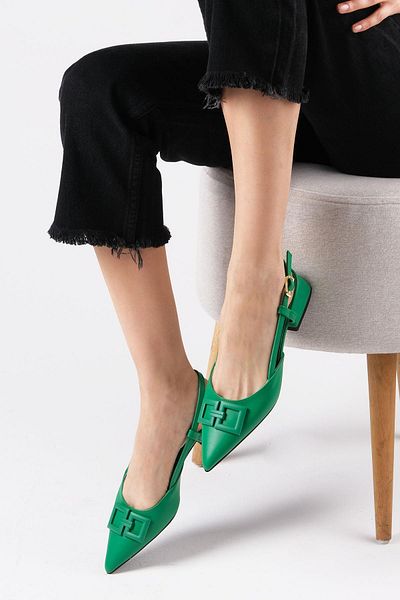 Mio Gusto Alyssa Green Color Open Back Side Buckle Short Heeled Women's Shoes