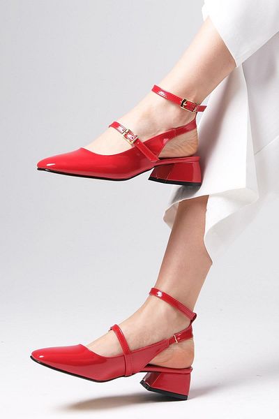 Mio Gusto Audrey Red Color Patent Leather Open Back Short Heeled Women's Shoes
