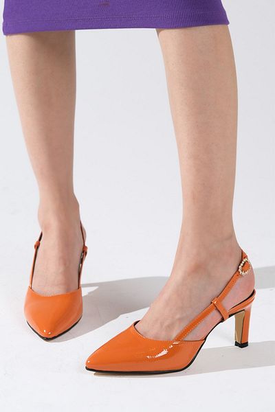 Mio Gusto Orange Color Wrinkled Patent Leather Open Back Side Buckle Women's Heeled Shoes