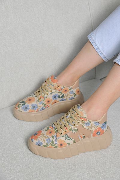Sibel Durmaz Flower Beige Floral Patterned Sneakers