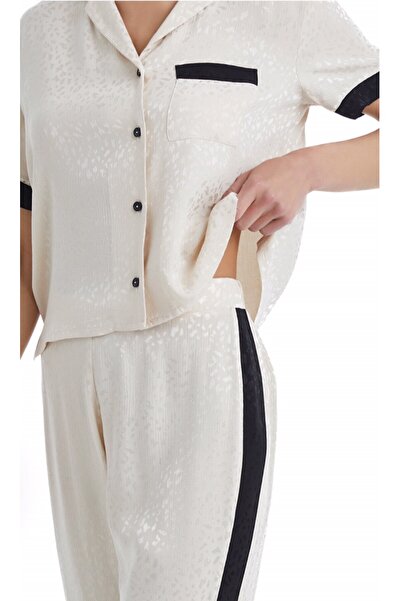 Blackspade -60366-Women's Short Sleeve Shirt Collar Pajamas Set-Beige