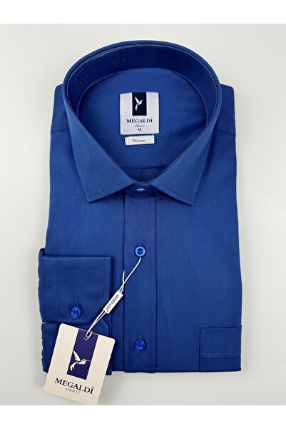 MEGALDİ Erkek Klasik Kesim Pamuklu Indigo Yakası Alttan Biritli Cepli Uzun Gö...
