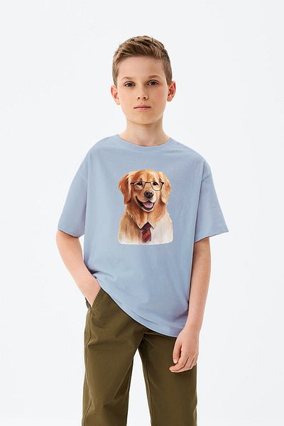 ADABEBEK Tricou băiat cu imprimeu cățeluș zâmbitor de aur cu ochelari