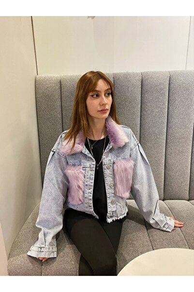 Ceylin Ceylan Lila Peluş Detaylı Kot Ceket