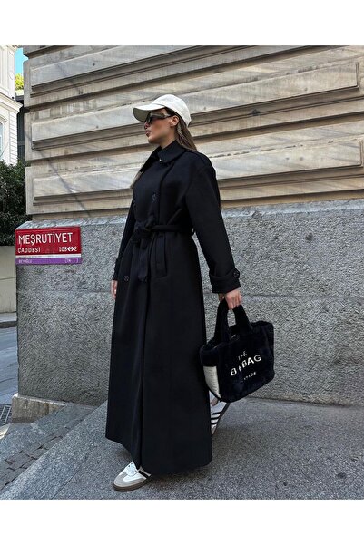 SERHANE معطف أسود بحزام وأزرار للإغلاق - 135 سم