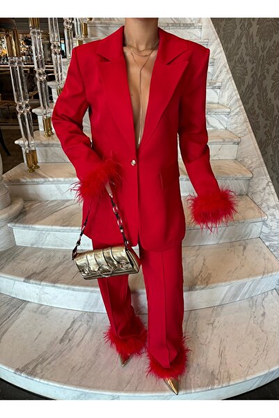 LOVEOFZI Women's Red Tasseled Trousers & Jacket Set