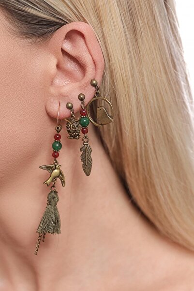 AKIN AKSESUAR HEDİYELİK 4'lü Boncuklu Kuş Figürlü Otantik Püsküllü Küpe Seti