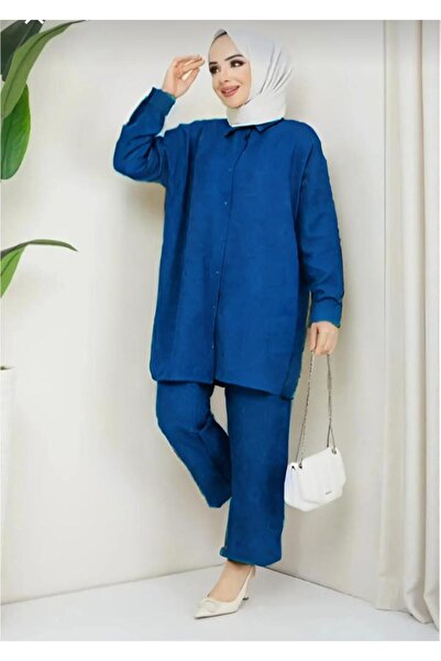 ECK MODA طقم نسائي من قماش الكتان بأزرار سفلية