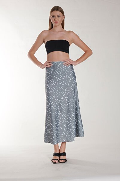 SOLİLDE Fusta lungă din satin cu buline albastre