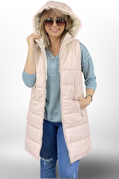 VYZ Fashion Women's Long Length Full Faux Leather Hooded Vest Coat