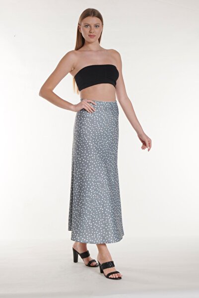 SOLİLDE Fusta lungă din satin cu buline albastre