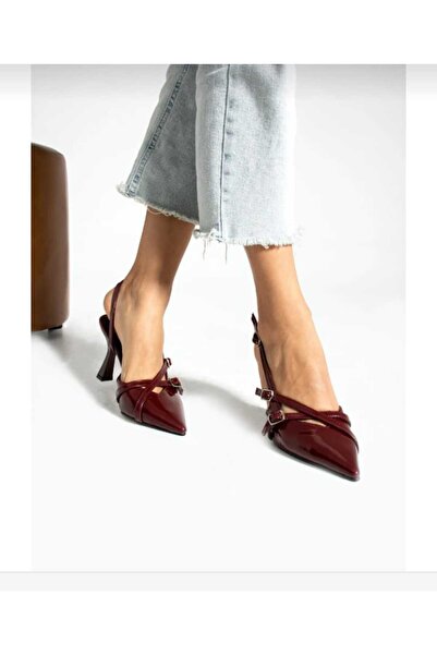 ŞIK STORE Pointed Toe Two-Strap Buckle CORNERED HEEL Claret Red Patent Leather Women's Classic Heeled (9CM) Shoes