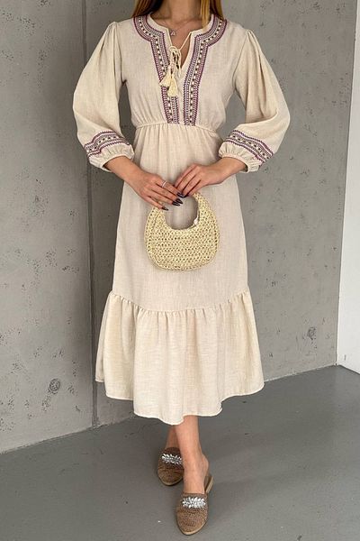 Neşeli Butik rochie de in marime midi broderie bej pentru femei NBK2014