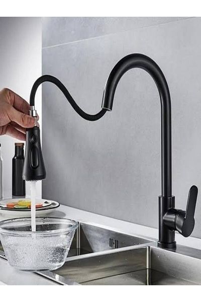 EraycanYapıMarket Open Close Black Kitchen Sink Faucet with Spiral Extending Hose