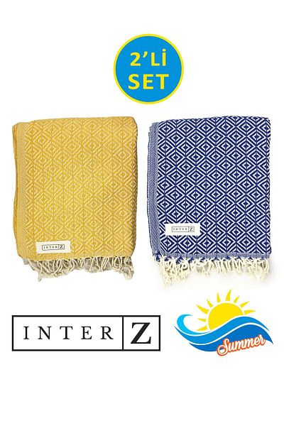 INTER Z Σετ 2 πετσέτες θαλάσσης Peshtemal, 100% βαμβάκι, Xxl 100x180cm, Bodrum, Yellow Navy Blue