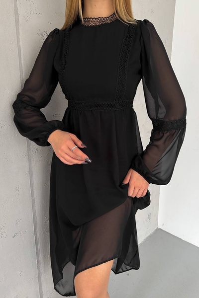 Neşeli Butik rochie neagră de damă din șifon cu căptușeală midi NBK2024