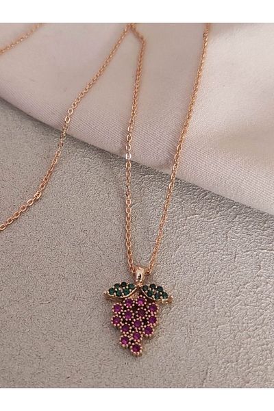 TÜKKAN ACCESSORİES RED ZIRCON STONE GRAPE GOLD NECKLACE-SLEEVE 170