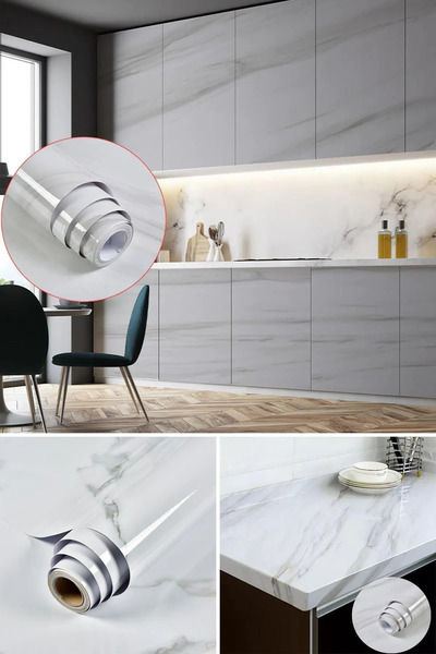 CMT 5mt X 60 Cm Mermer Desenli Masa Tezgah Mutfak Su Geçirmez Yapışkanlı Foly...